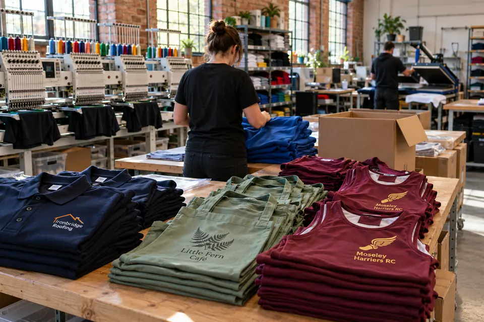 Busy garment printing workshop with embroidery machines, a heat press and finished orders being packed