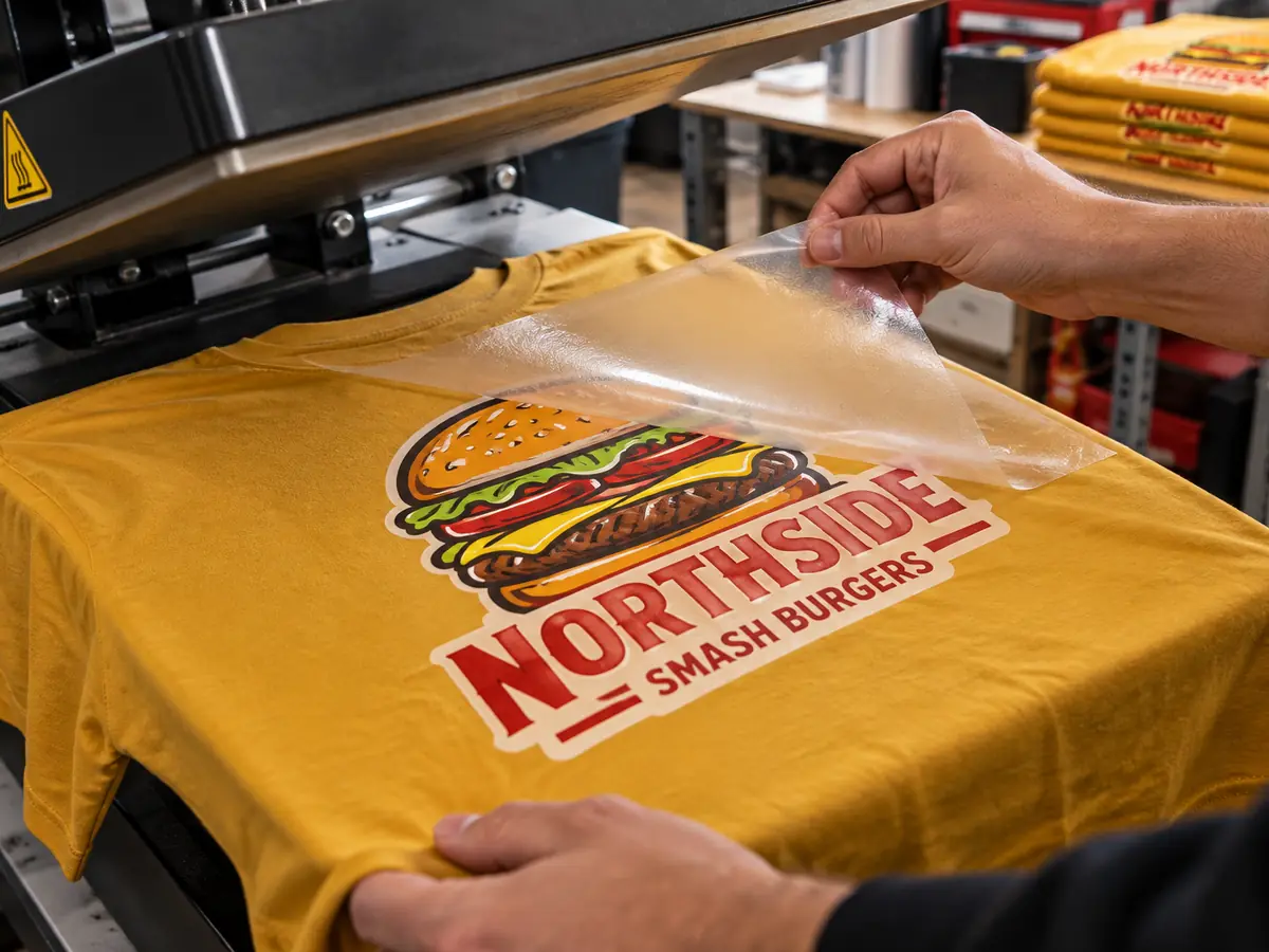 Peeling the film off a full-colour DTF burger-logo print on a mustard t-shirt