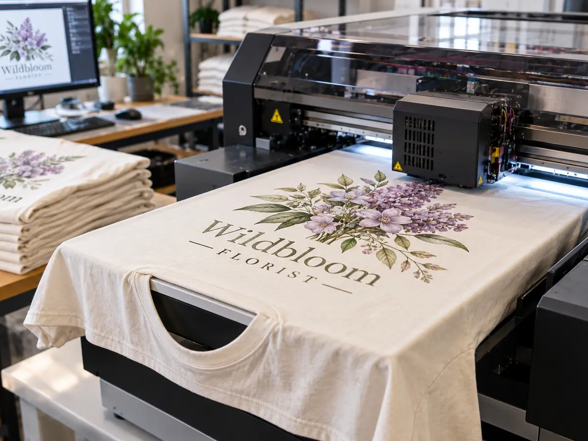 Direct-to-garment printer printing a detailed floral design onto a cream t-shirt