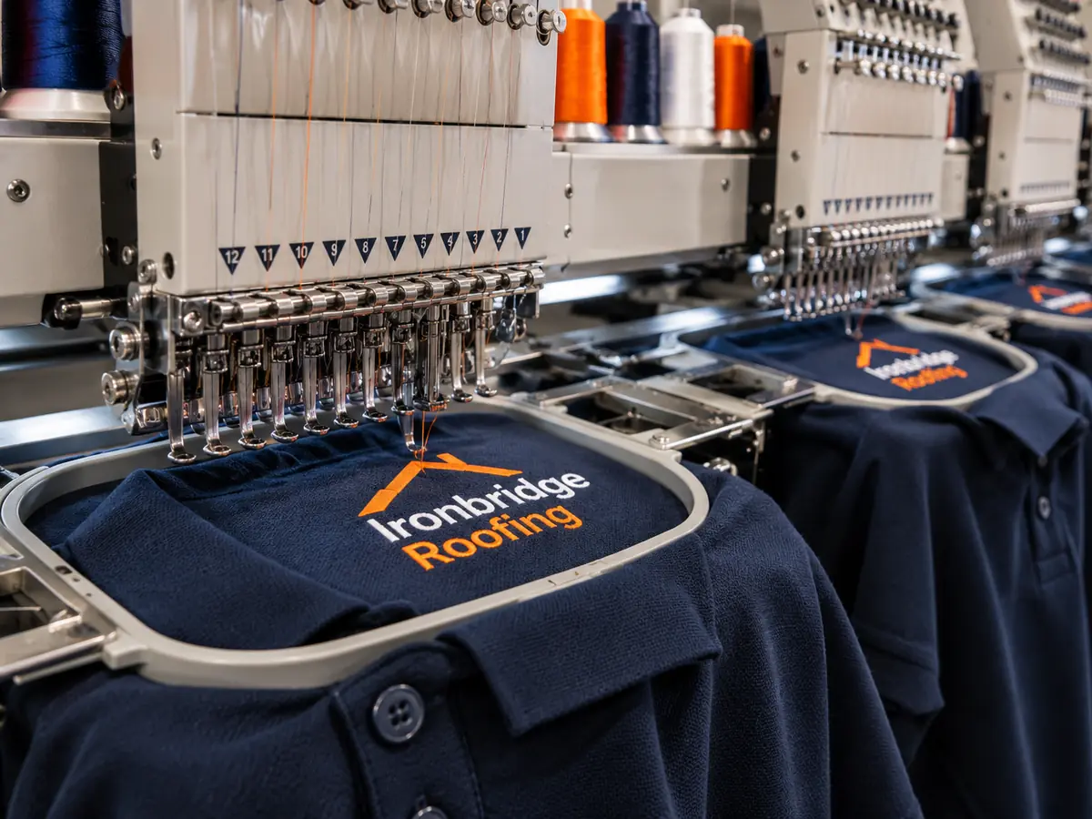 Multi-head embroidery machine stitching a roofing company logo onto navy polo shirts