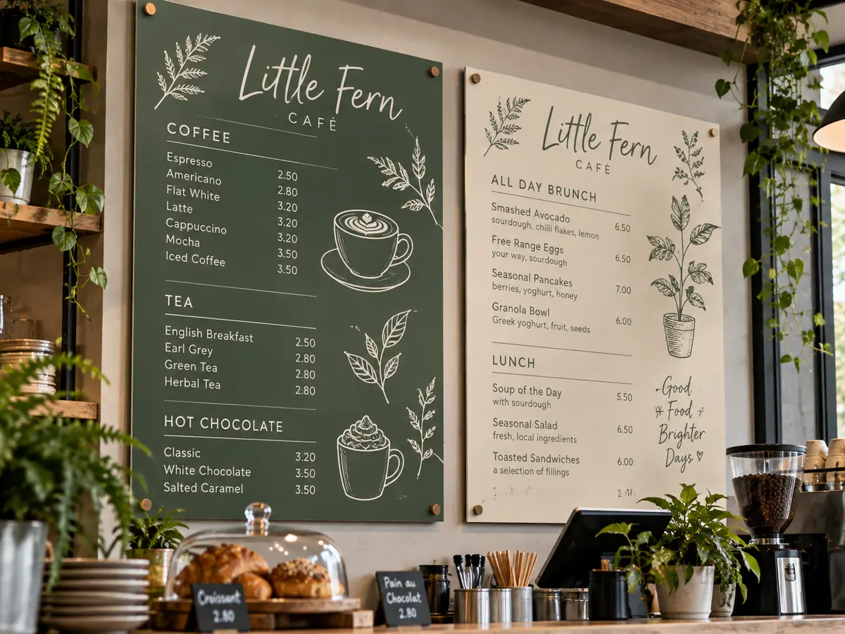 Printed foamex menu boards on a cafe wall
