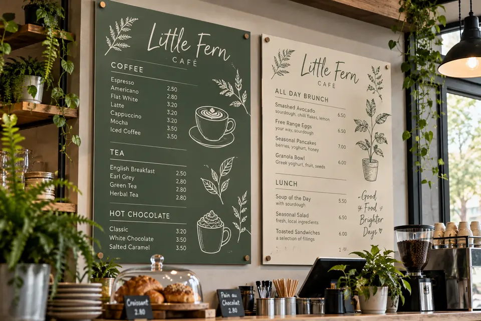Printed foamex menu boards on a cafe wall