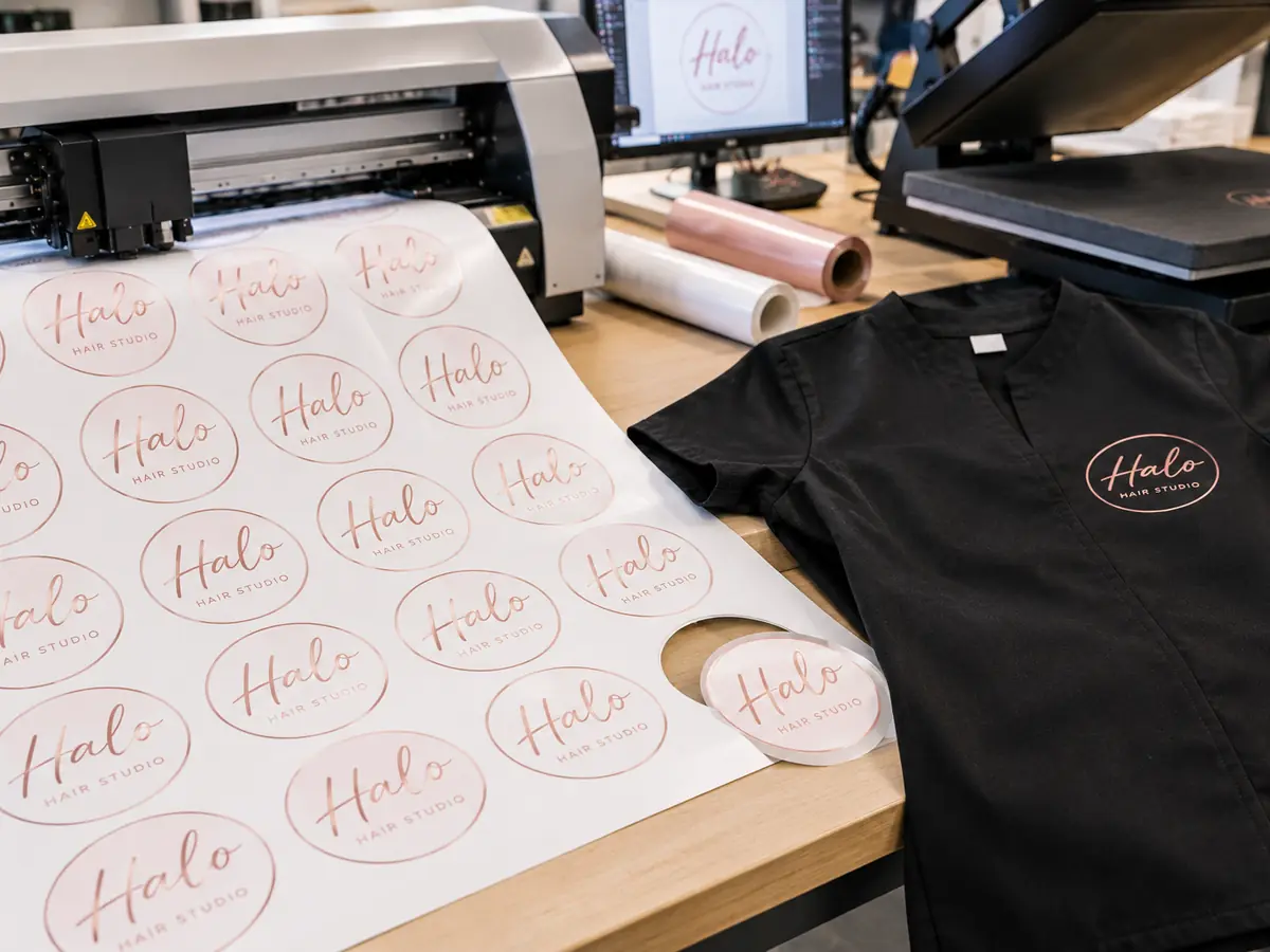 Sheet of contour-cut hair salon logo transfers beside a pressed black tunic