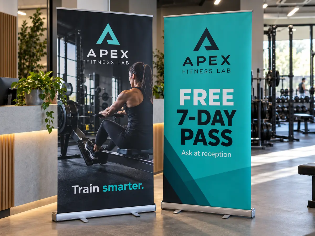 Two printed pull-up roller banners for a gym in its reception area
