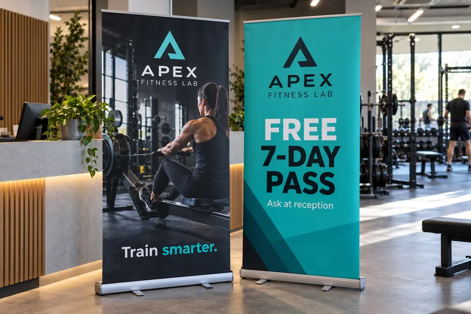 Two printed pull-up roller banners for a gym in its reception area