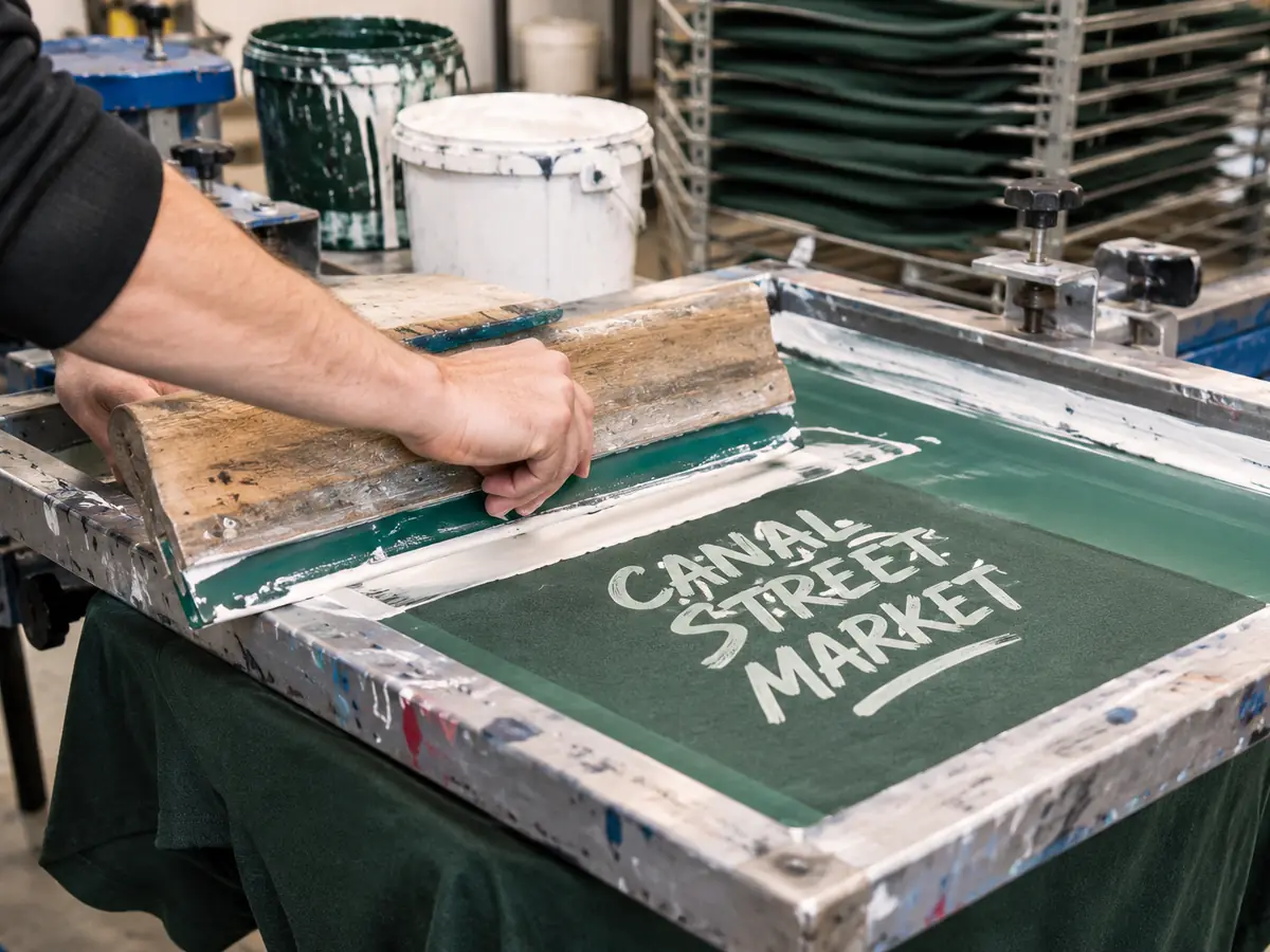 Squeegee pulling white ink through a screen onto a green market t-shirt