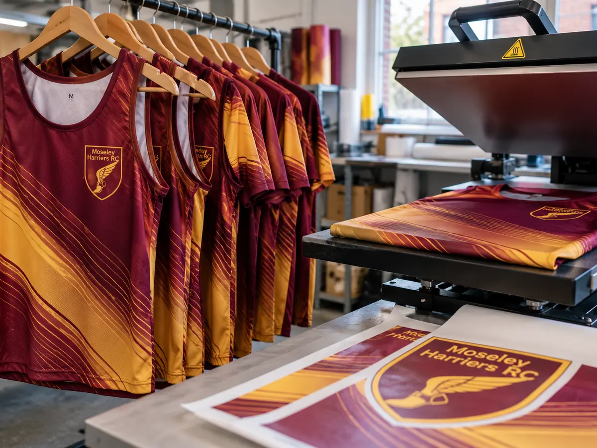 Sublimated running club vests in burgundy and gold beside a heat press