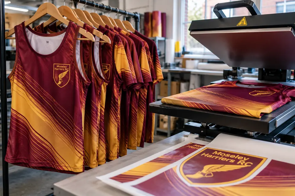 Sublimated running club vests in burgundy and gold beside a heat press