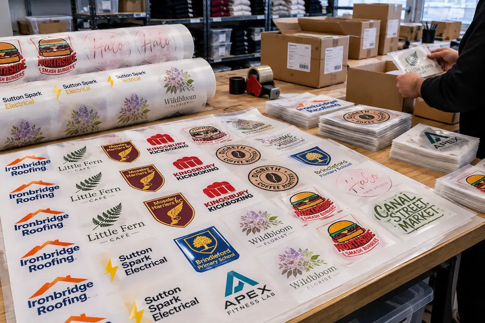 DTF gang sheets with many different logos being packed for dispatch