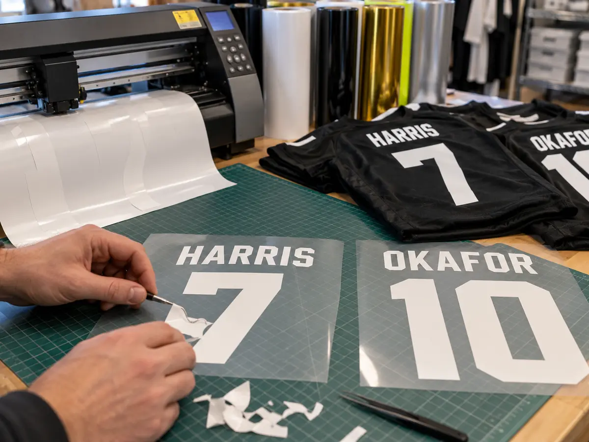 Weeding white vinyl names and numbers for black football shirts