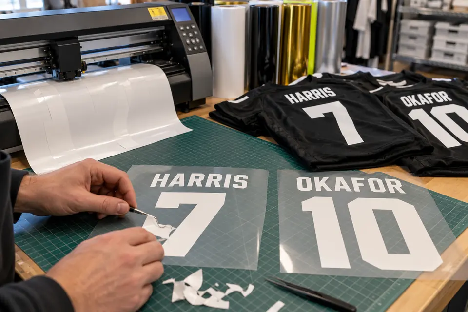 Weeding white vinyl names and numbers for black football shirts
