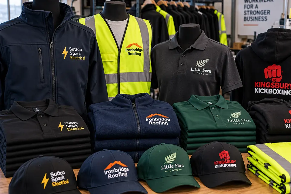 Rail of branded workwear: polos, softshells and hi-vis