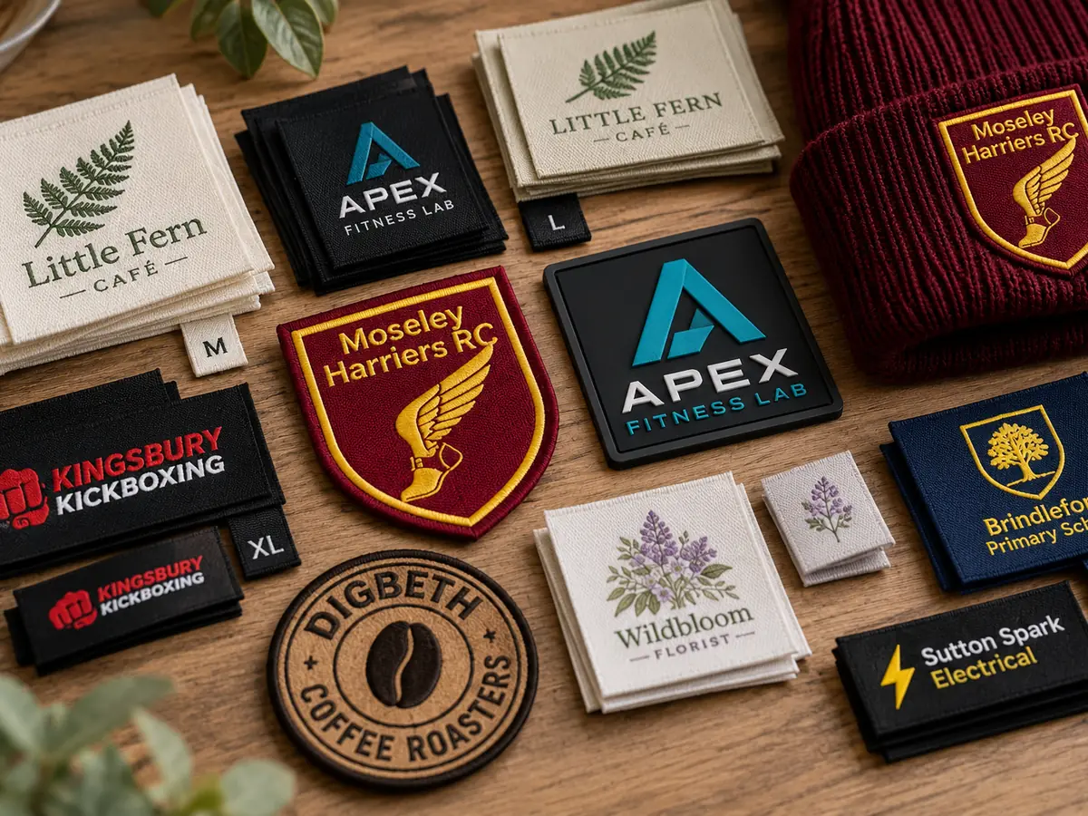 Custom embroidered, woven and PVC patches and labels on a wooden table