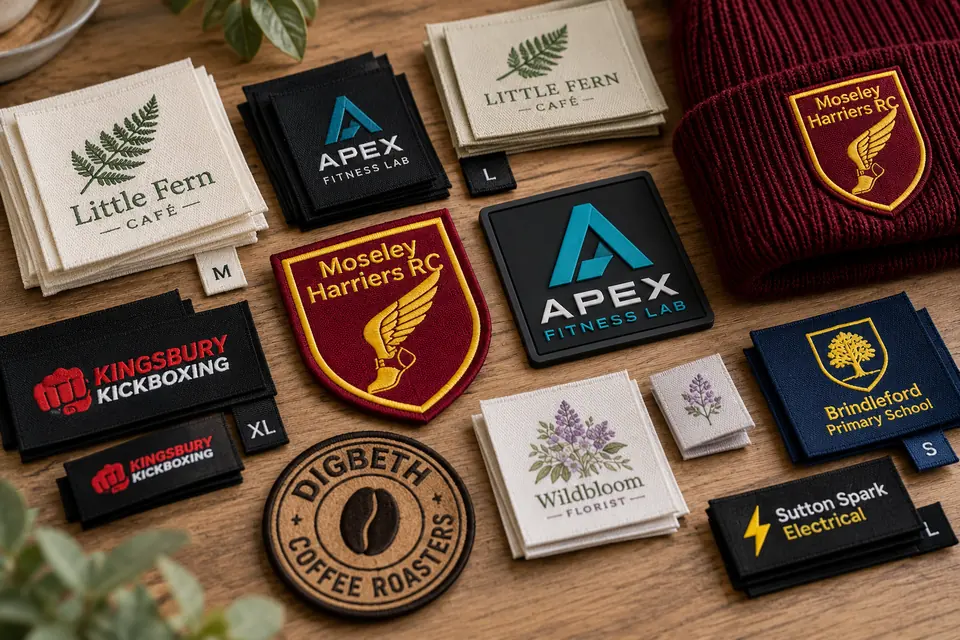 Custom embroidered, woven and PVC patches and labels on a wooden table