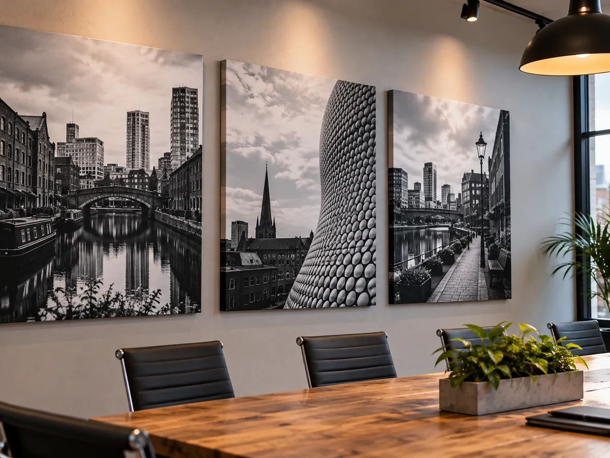 Three black-and-white Birmingham canvas prints on a meeting room wall