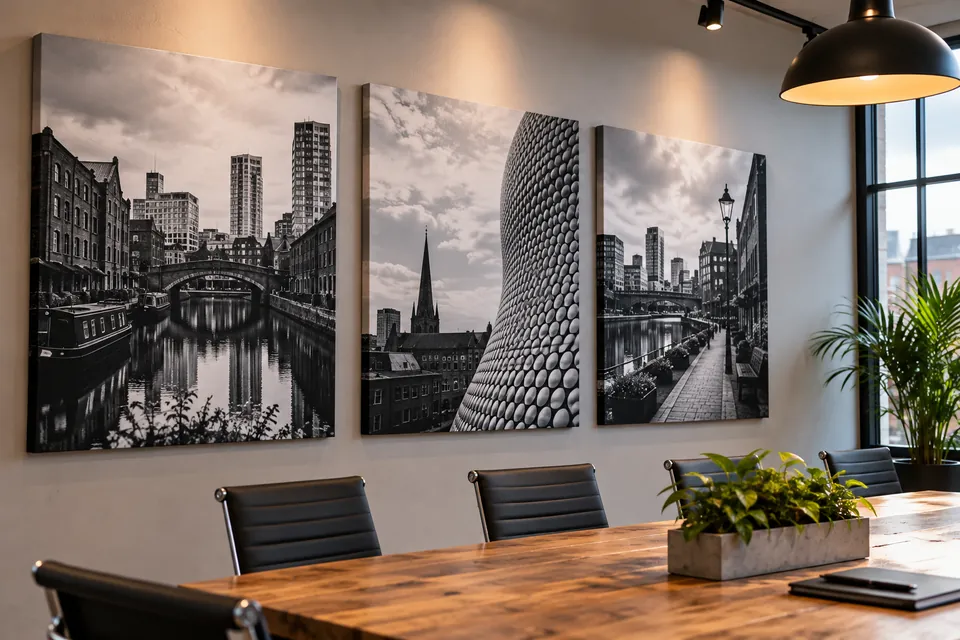 Three black-and-white Birmingham canvas prints on a meeting room wall