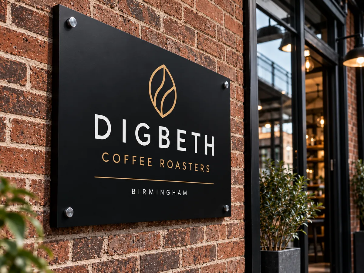 Black dibond aluminium sign with stand-off fixings on a brick wall outside a coffee roasters
