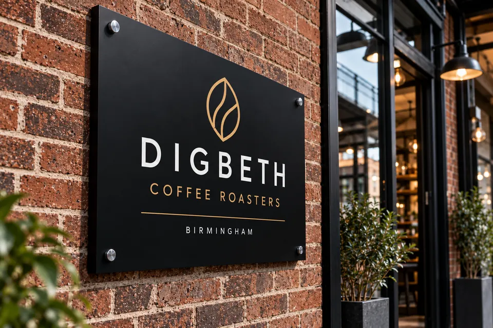 Black dibond aluminium sign with stand-off fixings on a brick wall outside a coffee roasters