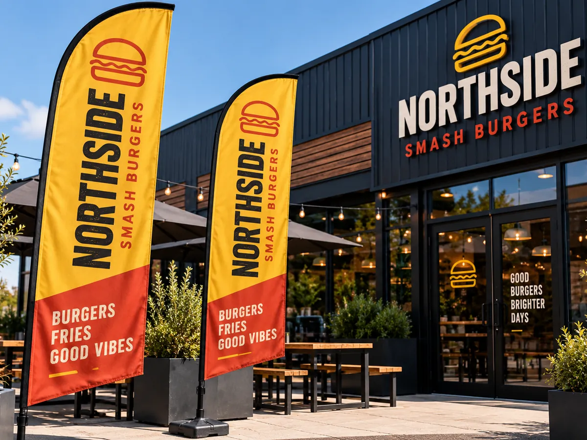 Printed feather flags in mustard and red outside a burger restaurant