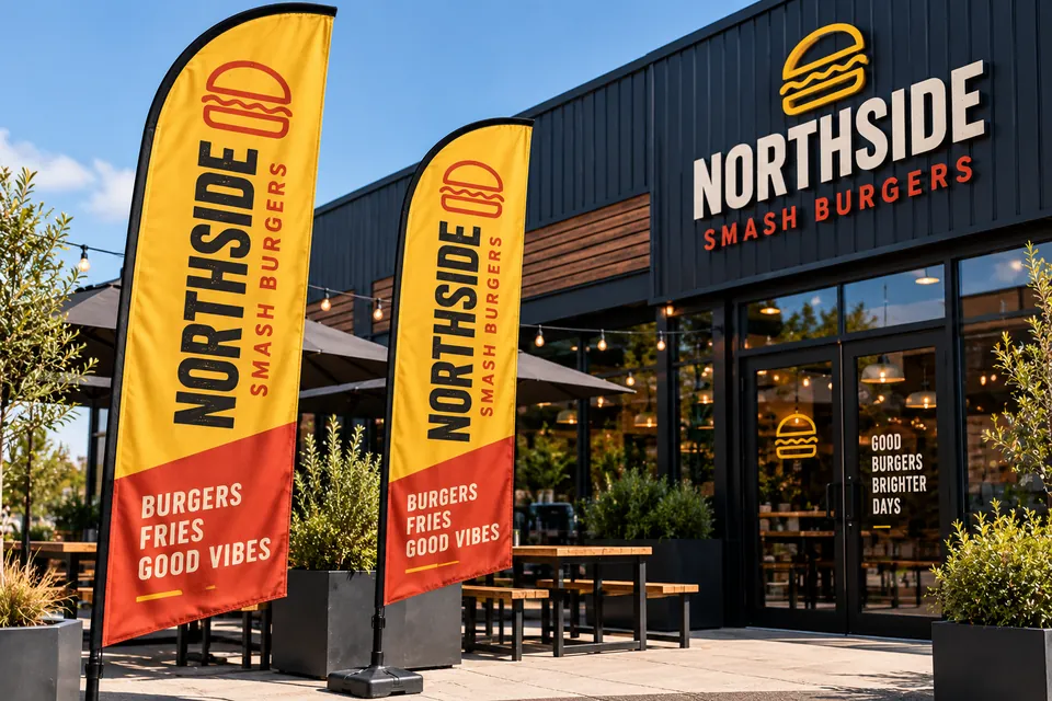 Printed feather flags in mustard and red outside a burger restaurant