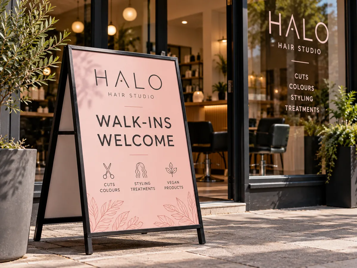 Pink A-board pavement sign reading Walk-ins Welcome outside a hair salon