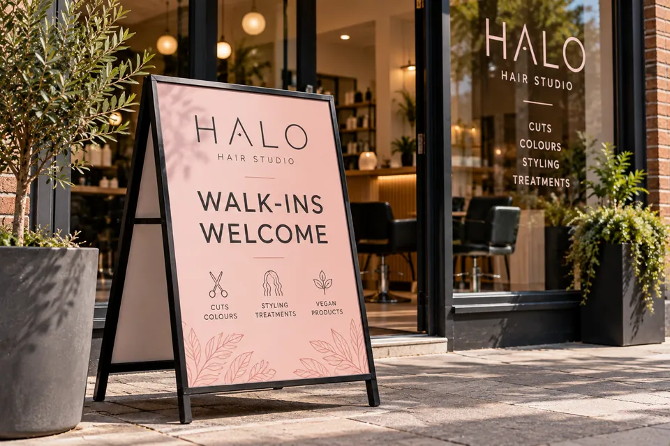 Pink A-board pavement sign reading Walk-ins Welcome outside a hair salon
