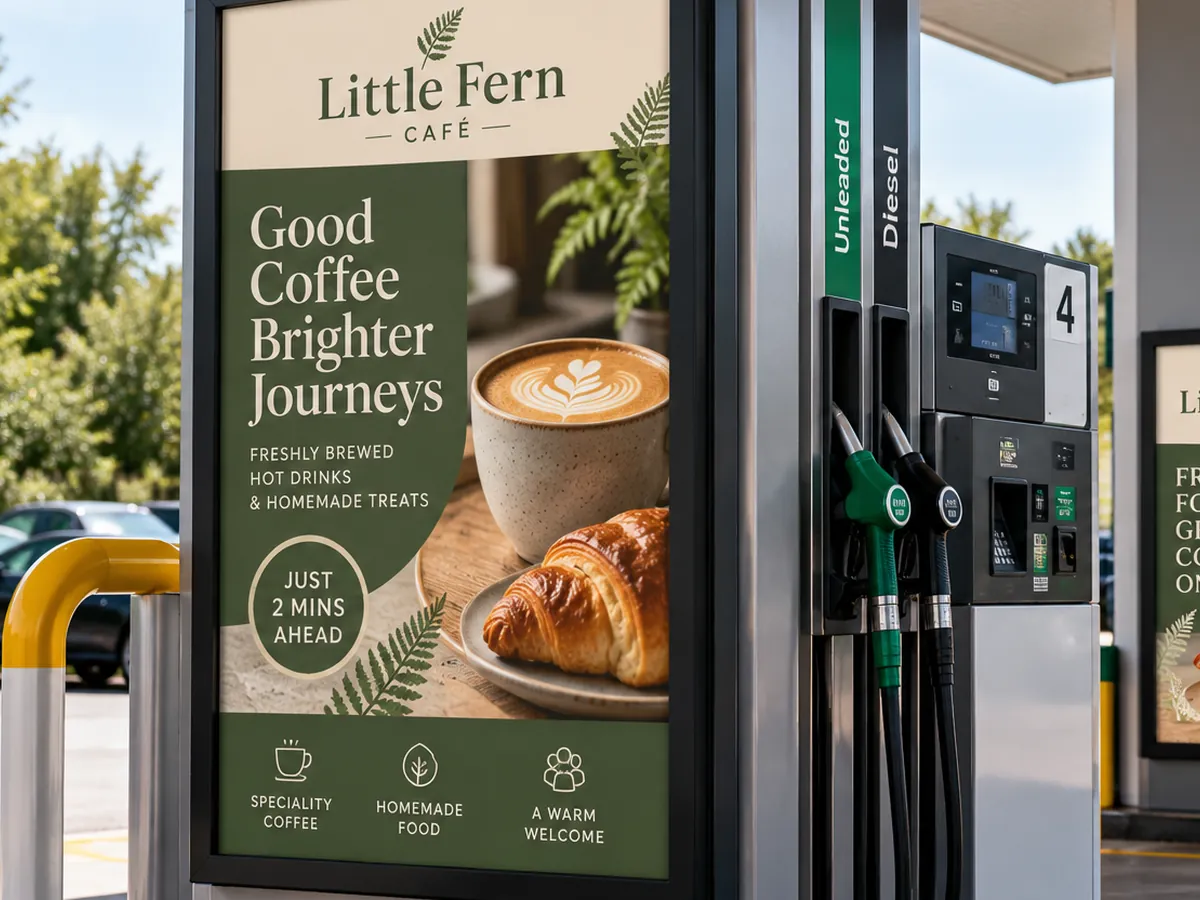 Printed café advert panel on a fuel pump at a forecourt