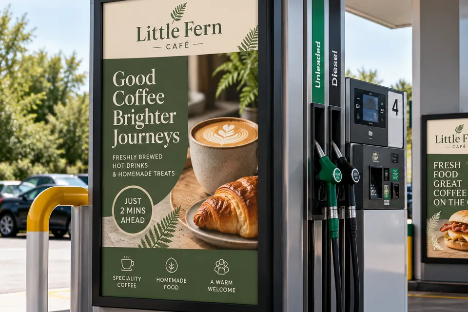 Printed café advert panel on a fuel pump at a forecourt