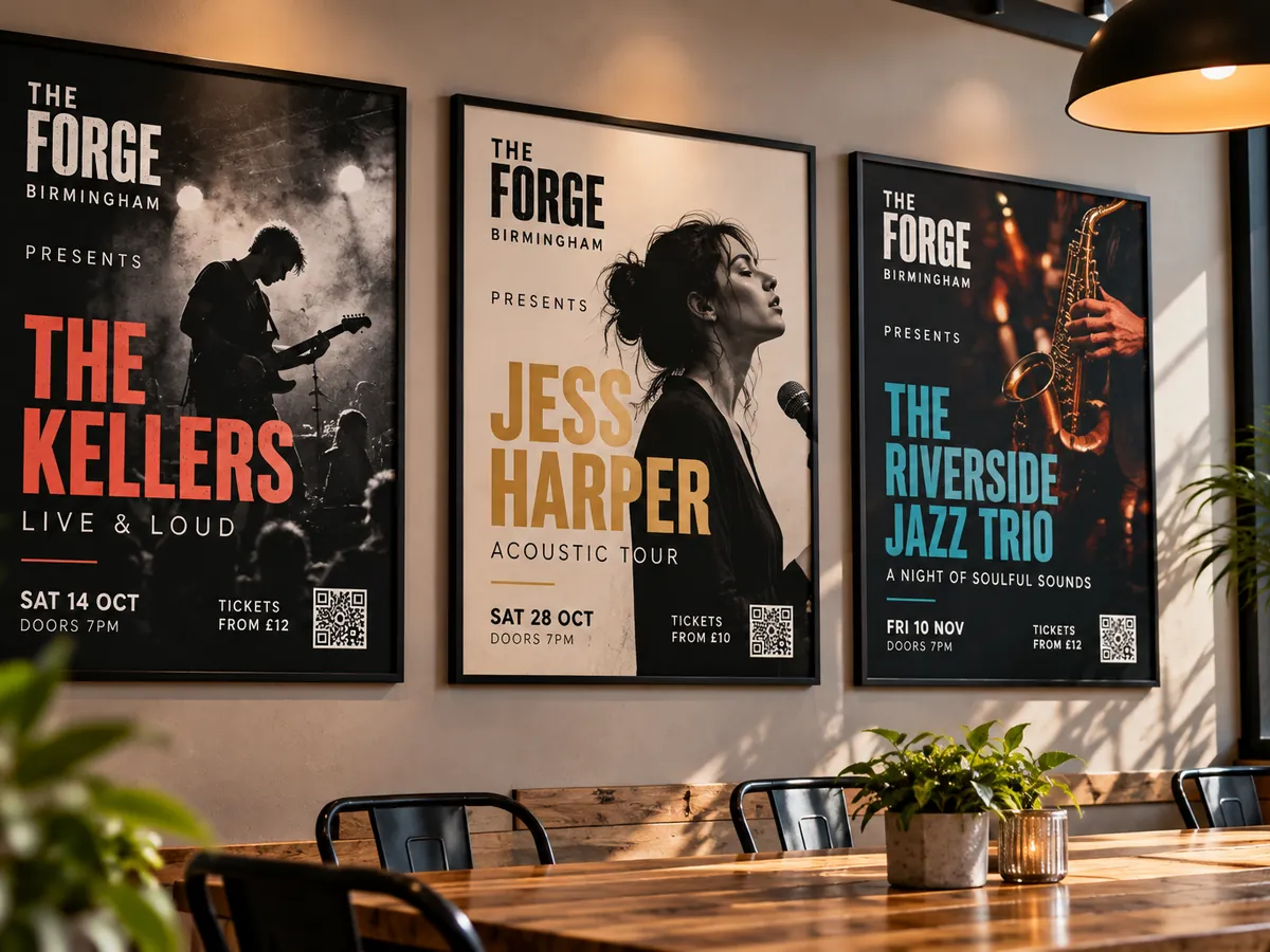 Three framed gig posters printed in bold colours on a venue wall