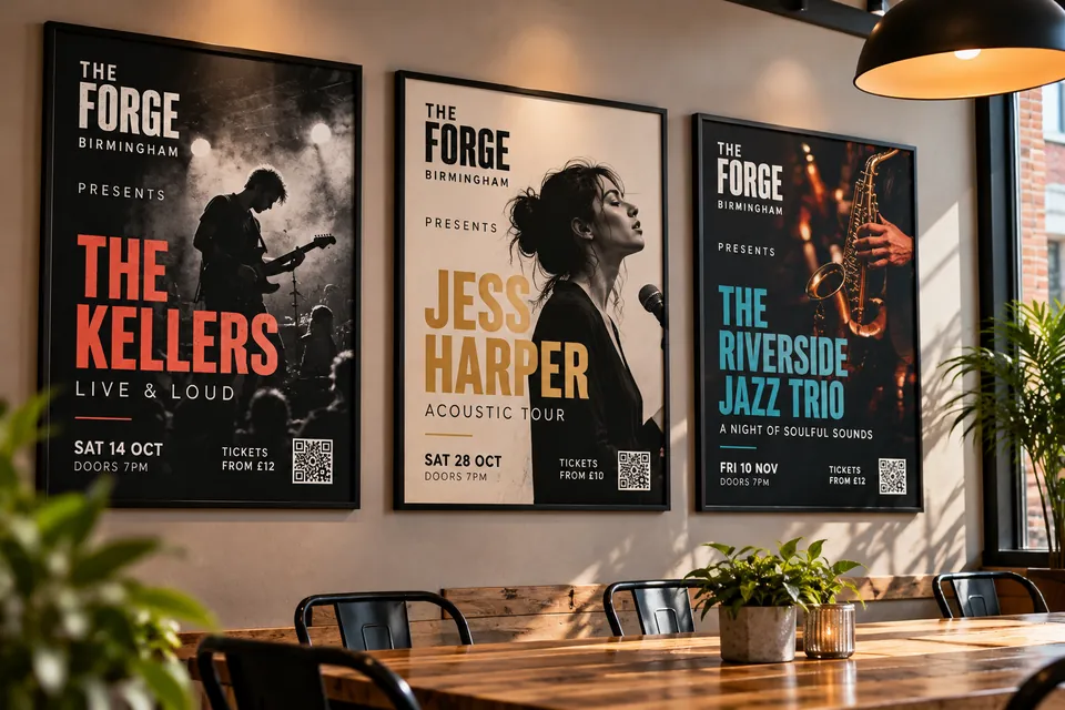 Three framed gig posters printed in bold colours on a venue wall