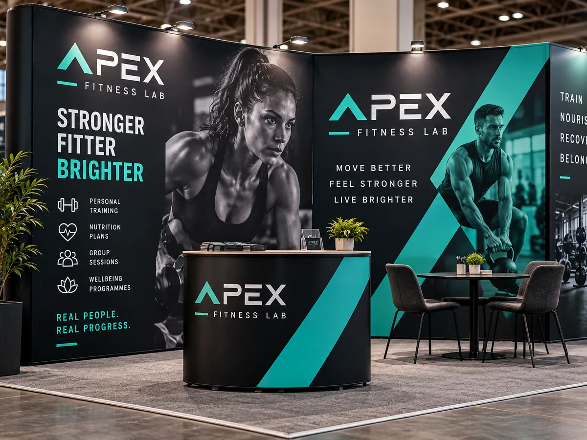 Printed pop-up exhibition wall and curved counter for a gym at a trade show