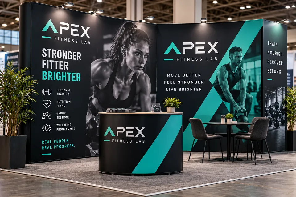 Printed pop-up exhibition wall and curved counter for a gym at a trade show