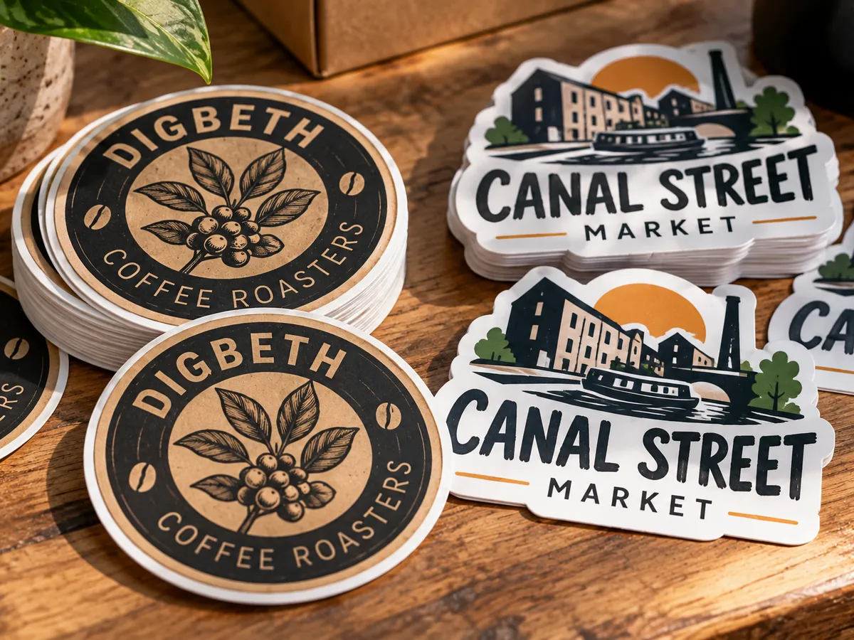 Die-cut vinyl stickers for a coffee roasters and a street market on a wooden table