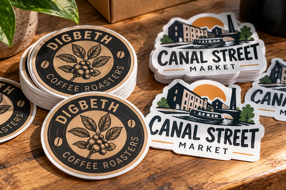Die-cut vinyl stickers for a coffee roasters and a street market on a wooden table