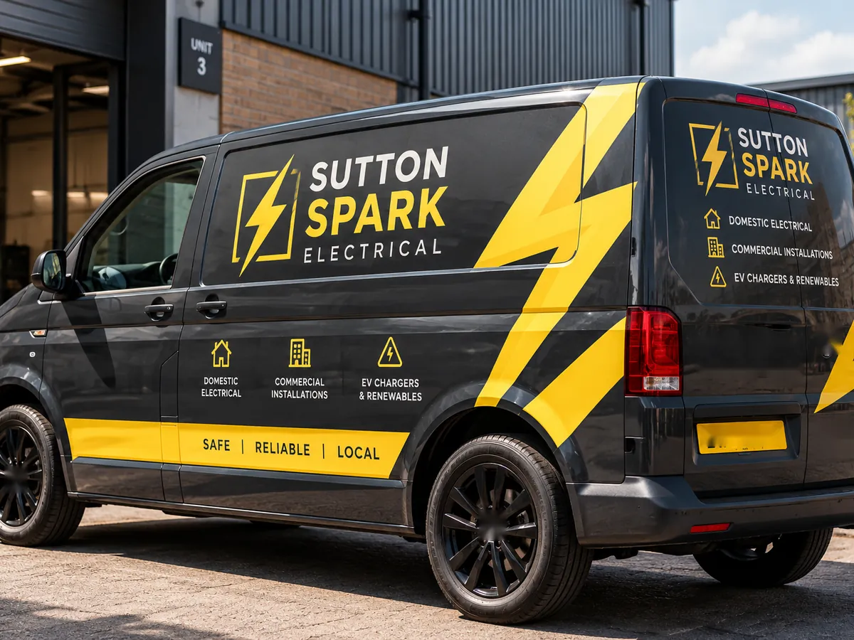Charcoal van with a yellow lightning-bolt livery for an electrical contractor
