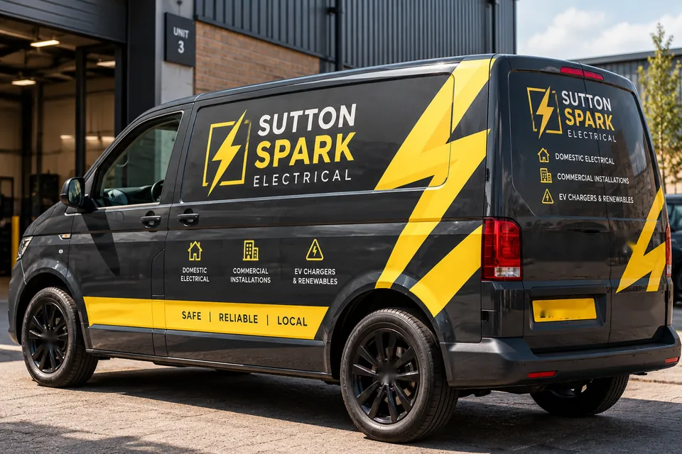Charcoal van with a yellow lightning-bolt livery for an electrical contractor