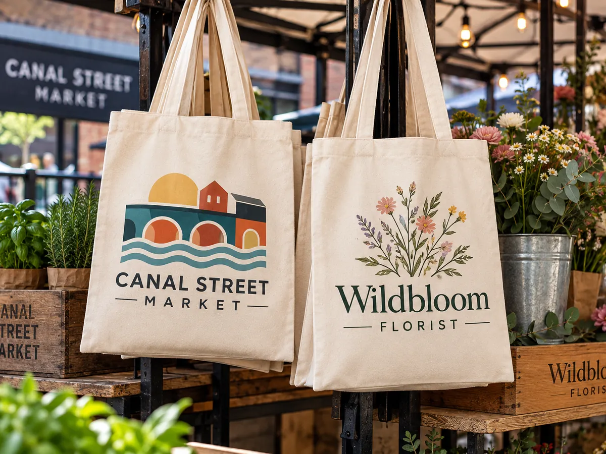 Printed cotton tote bags hanging on a market stall