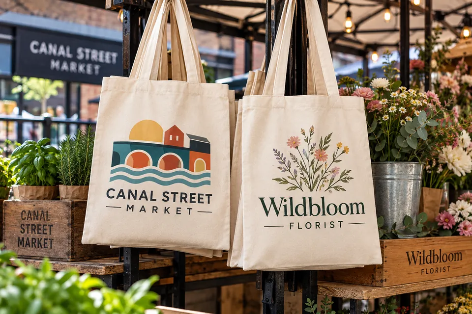 Printed cotton tote bags hanging on a market stall