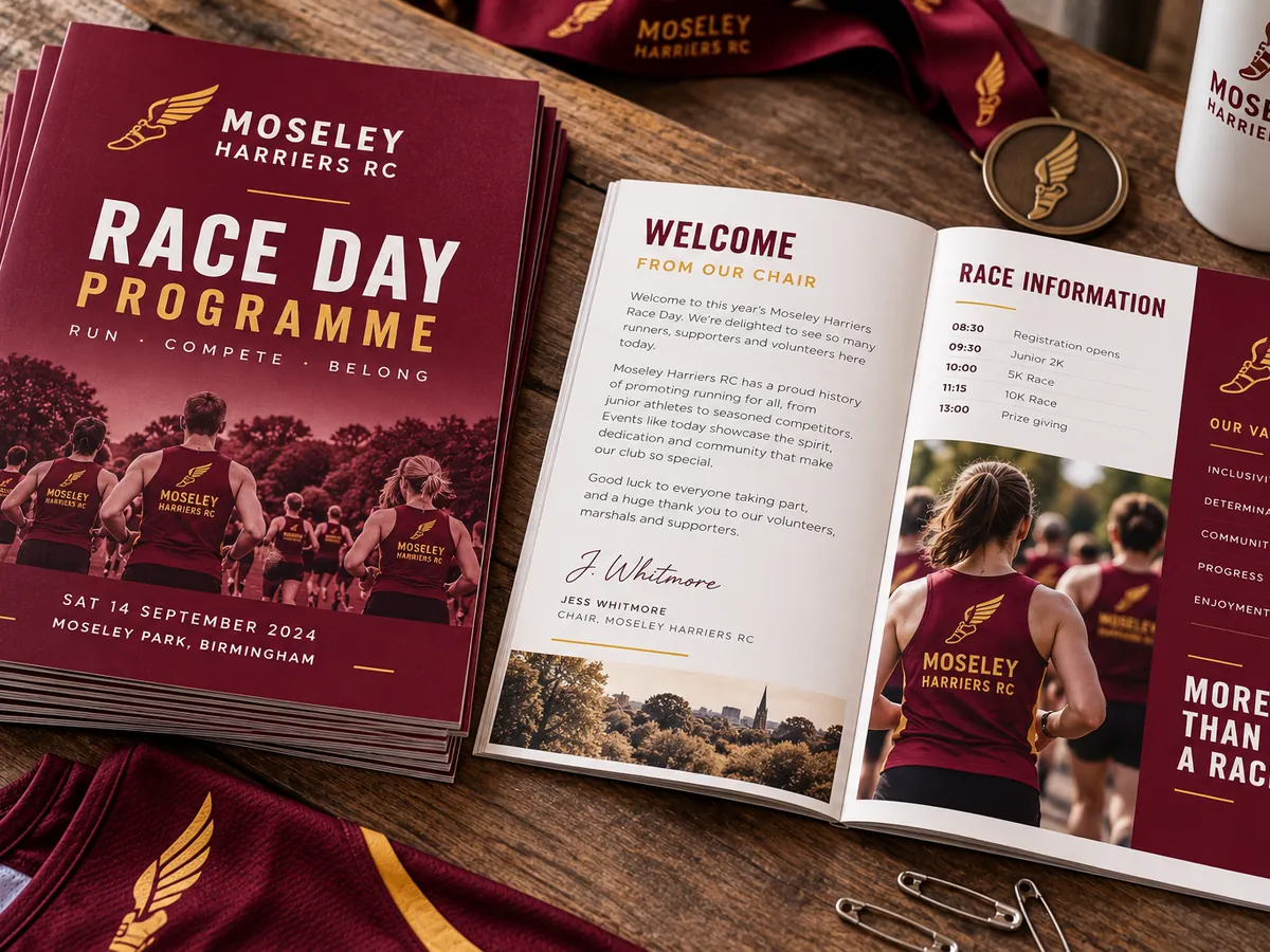 Printed running club race day programmes, one open