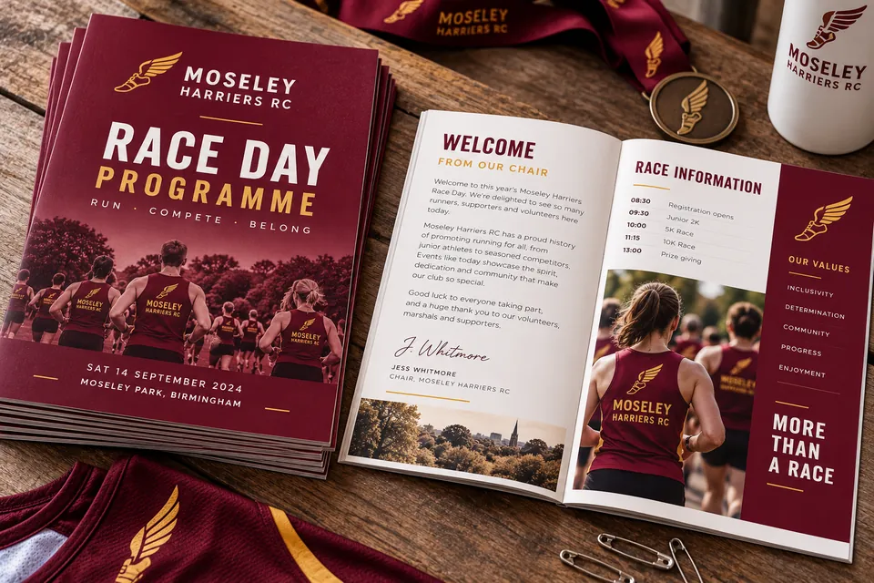 Printed running club race day programmes, one open