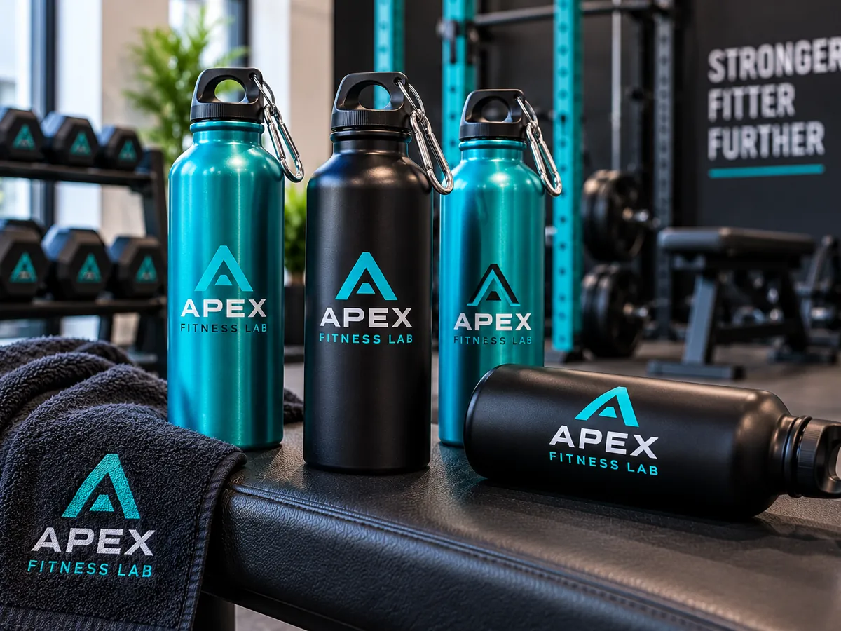 Printed aluminium water bottles and an embroidered towel on a gym bench