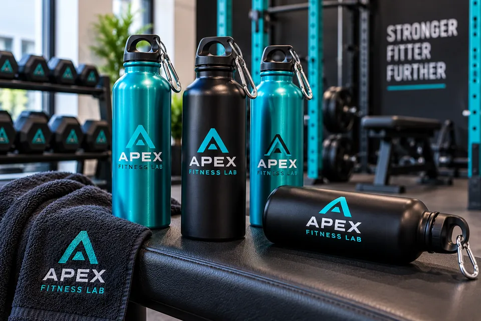 Printed aluminium water bottles and an embroidered towel on a gym bench