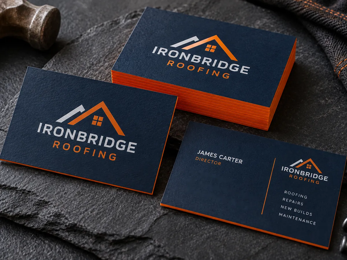 Navy business cards with orange painted edges on slate