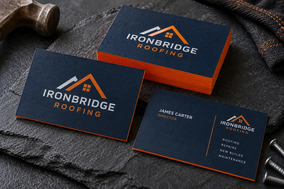 Navy business cards with orange painted edges on slate