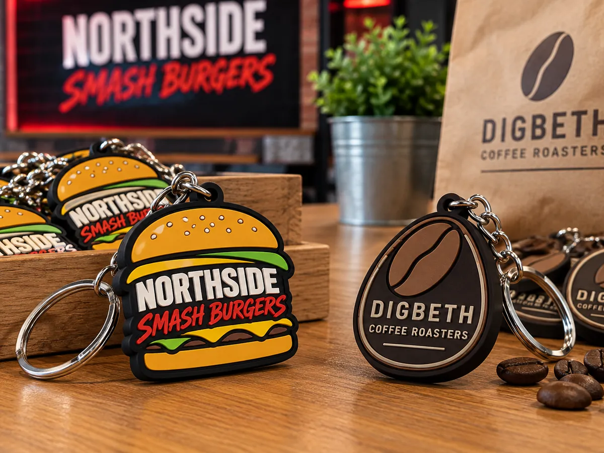 PVC keyrings shaped like a burger and a coffee bean