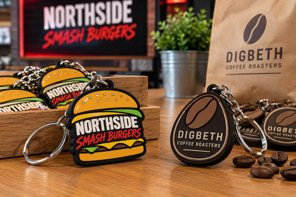 PVC keyrings shaped like a burger and a coffee bean
