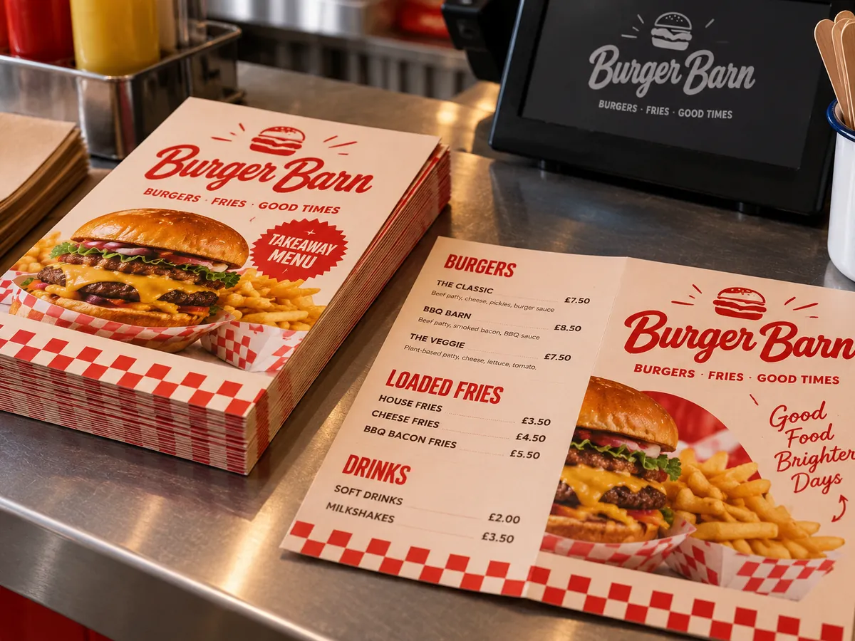 Printed takeaway menu leaflets on a burger bar counter