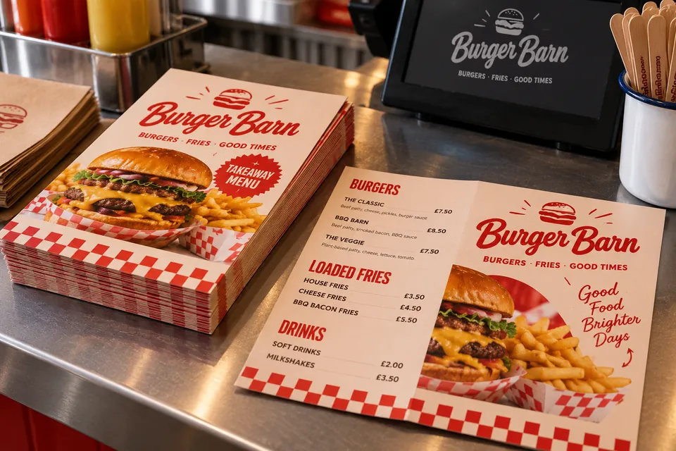 Printed takeaway menu leaflets on a burger bar counter