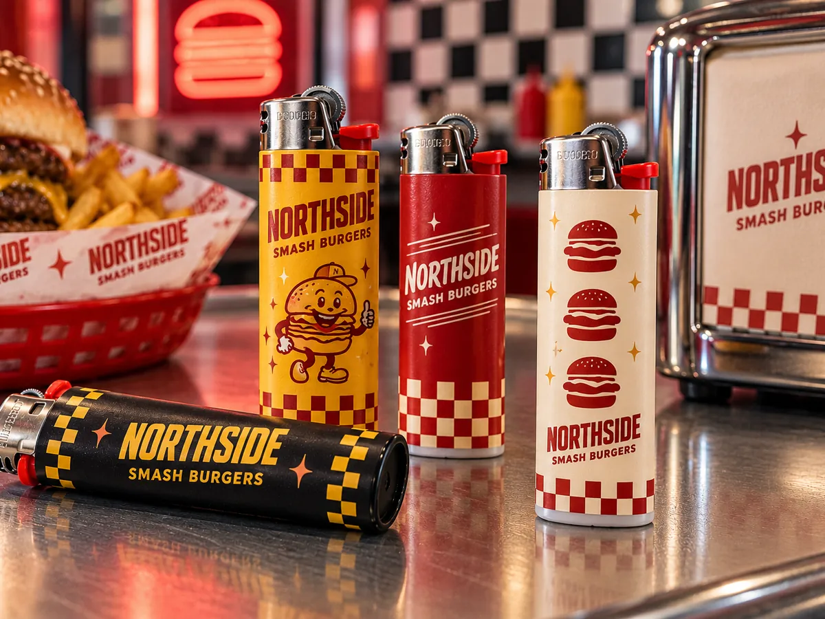 Printed lighters with retro burger restaurant wraps