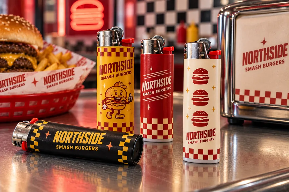 Printed lighters with retro burger restaurant wraps